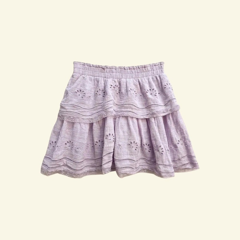 Lavender Purple Eyelet Lace Tiered Ruffle Smocked Mini Skirt LARGE Stretchy